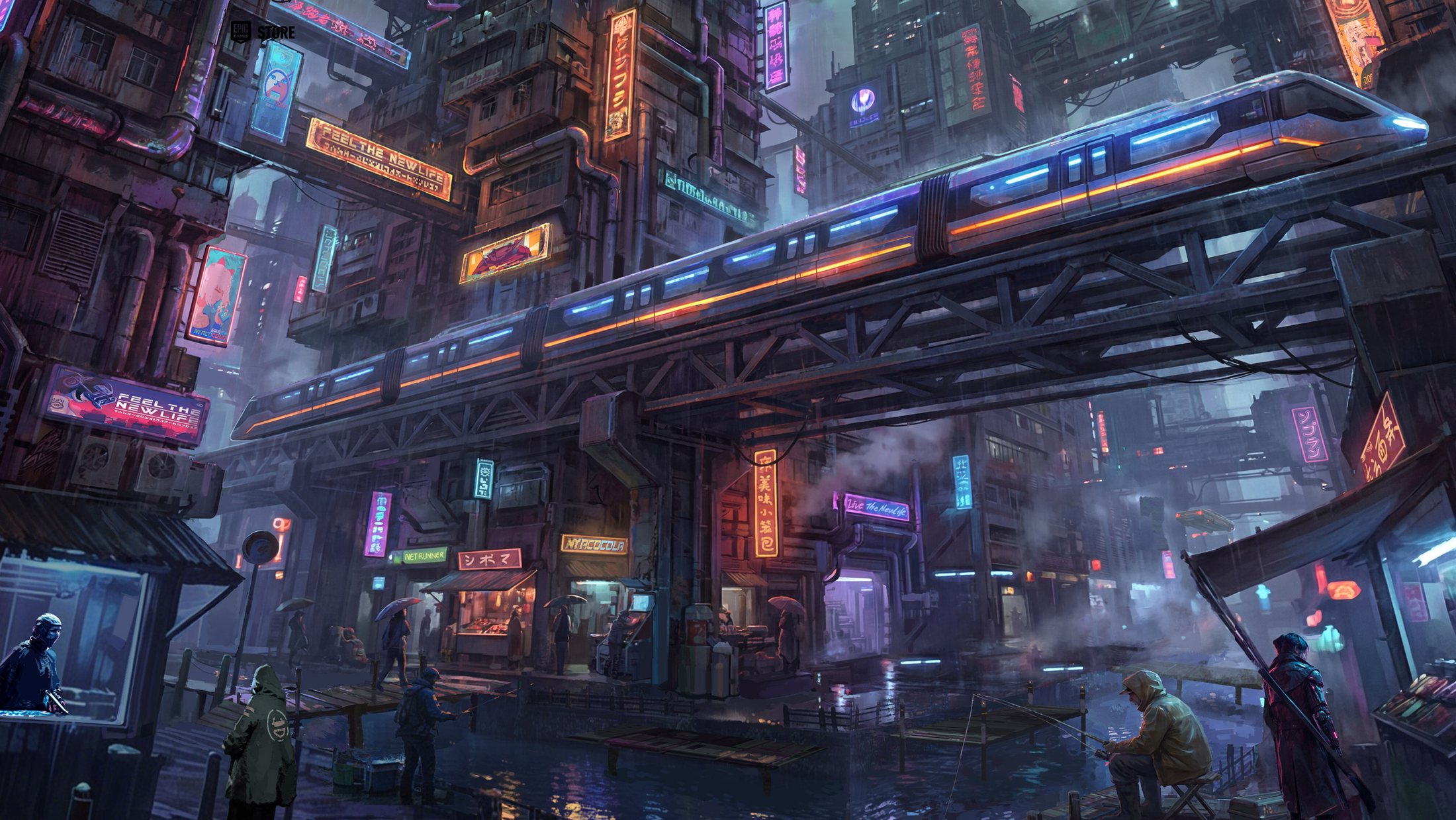 Nivalis Nights city skyline at night with an elevated train crossing between neon towers