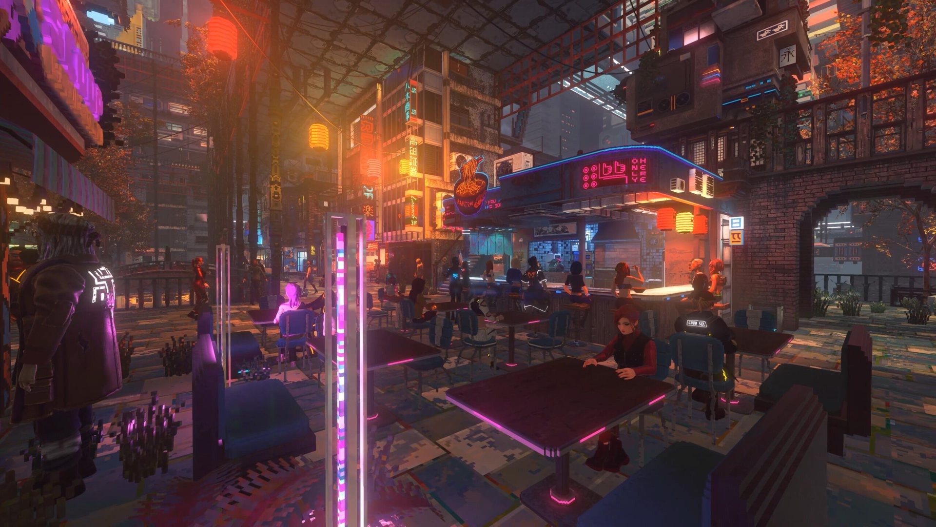 Nivalis Nights restaurant district at night, with neon food stalls and diners at outdoor tables