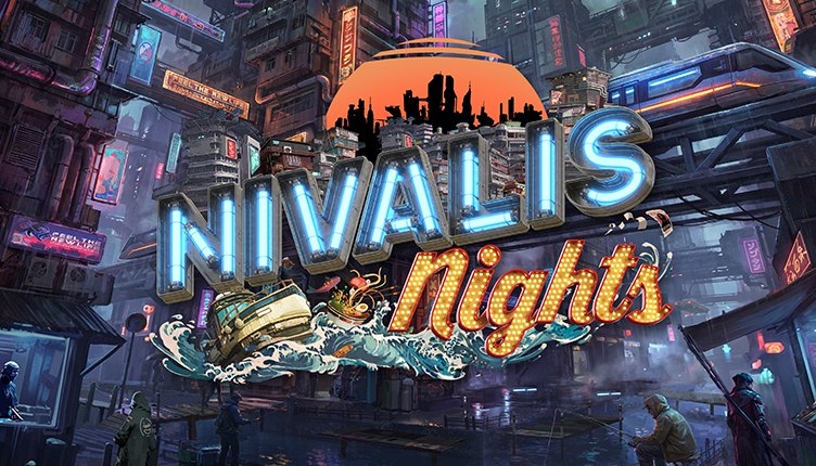 Official Nivalis Nights key art with the game logo over the neon city