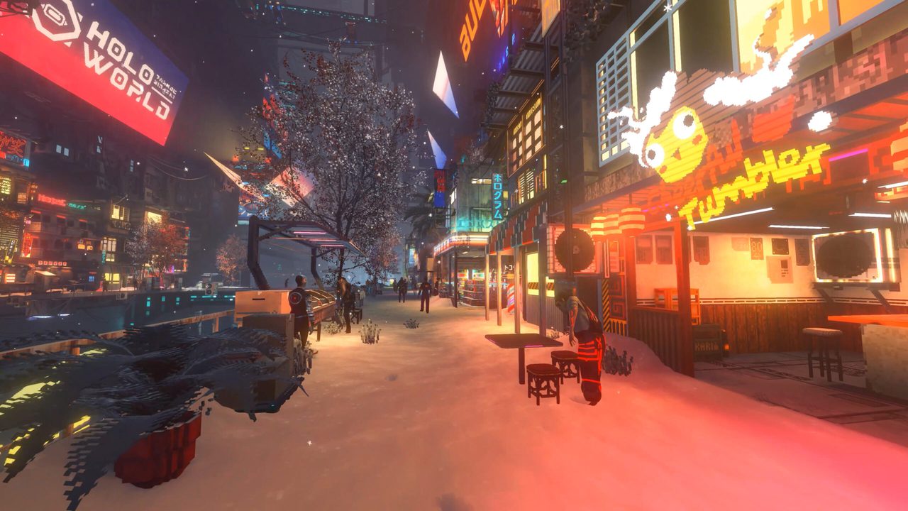 Nivalis Nights snowy neon market street with food stalls