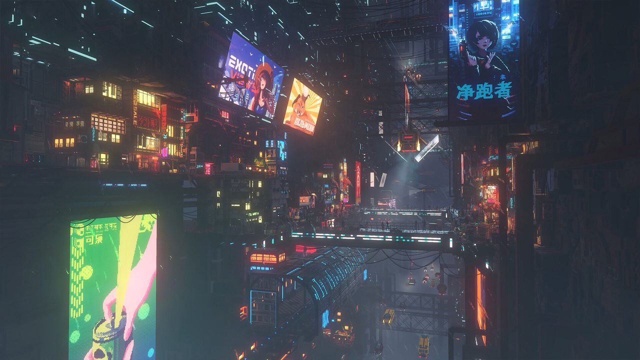 Nivalis Nights city viewed from above, showing the layered street layout