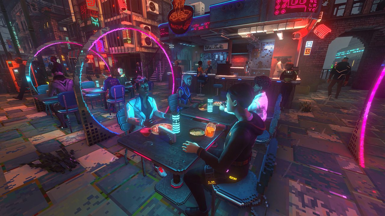 Nivalis Nights characters seated together at a neon-lit cafe
