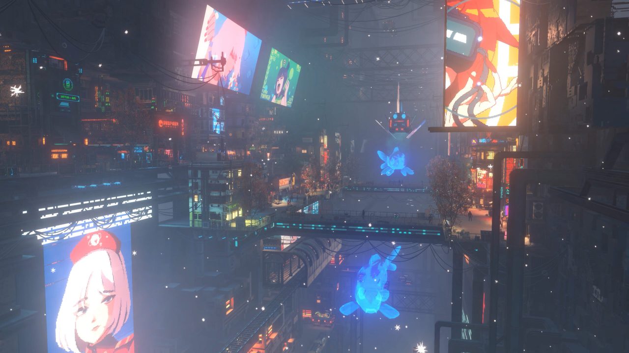 Nivalis Nights city vista with stacked towers and glowing billboards