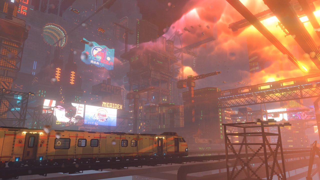Nivalis Nights elevated rail line crossing the neon city skyline