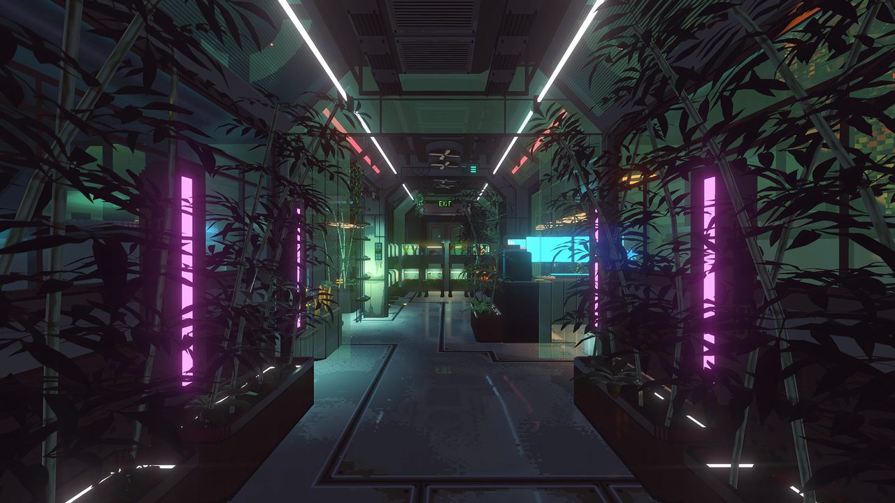 Nivalis Nights greenhouse corridor lined with neon-lit planting beds